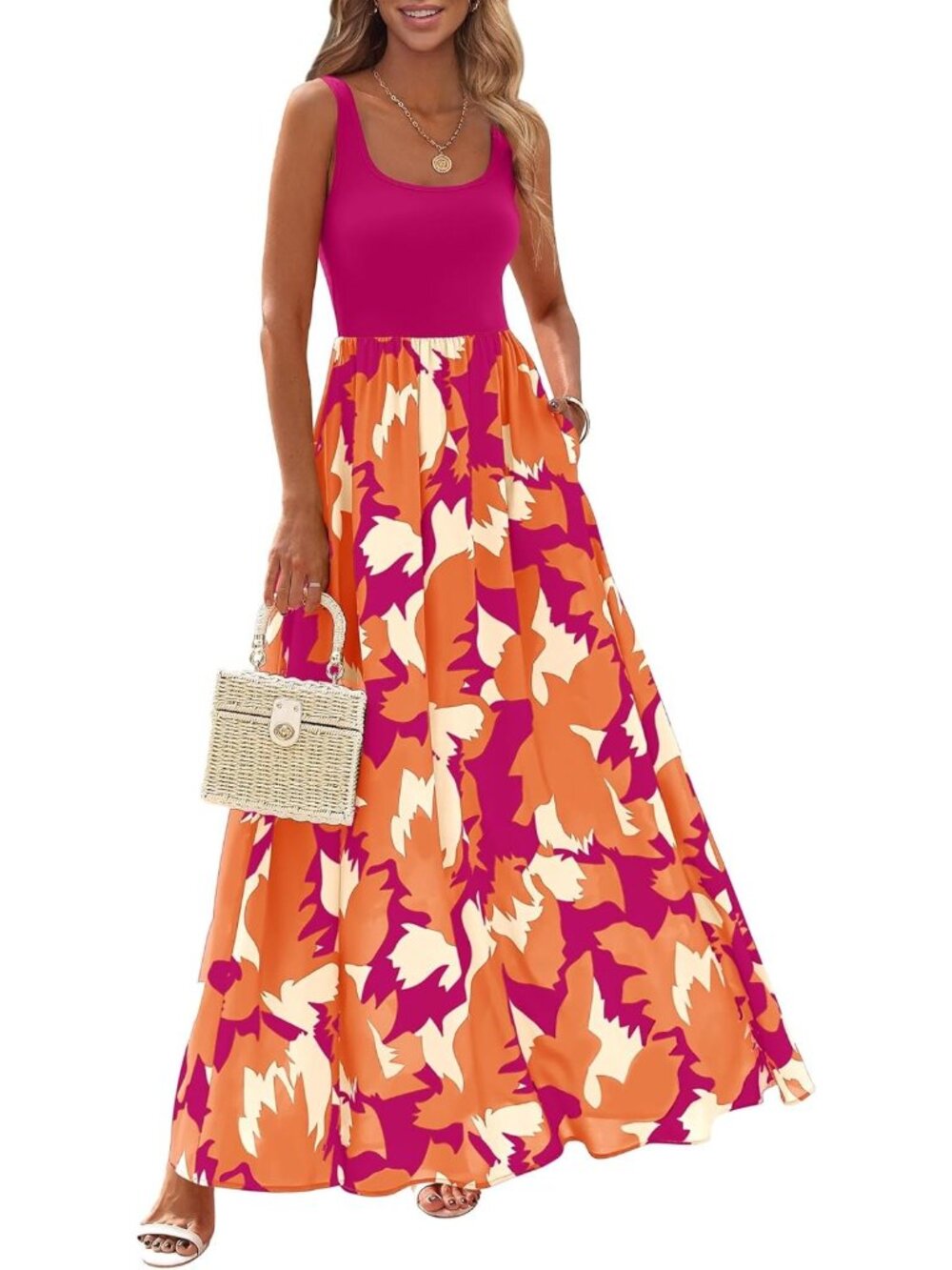 🆕Women's Rose Red Orange Sleeveless Maxi Scoop Neck Tank A Line Flowy Dress